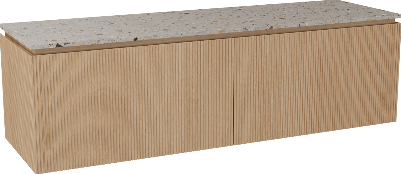 Balmani Eclips meuble salle de bains suspendu 180 x 55 cm Chêne naturelle avec Stretto tablette simple ou double en Terrazzo greige, Nervure droite symétrique verticale