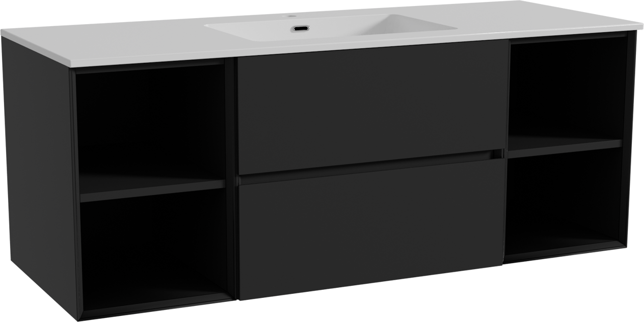 Storke Edge hängendes Möbelstück Set: 135 x 52 cm, Schwarz matt, mit Diva Einzelwaschtisch, Marmorkomposit Weiß glänzend