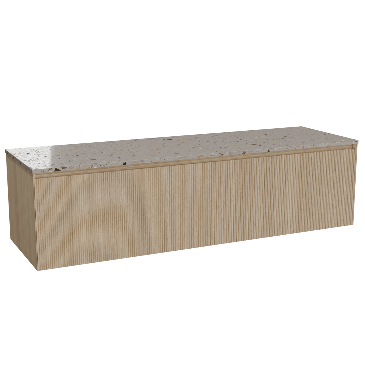 Balmani Fila hängendes Möbelstück Set: 180 x 55 cm, Naturbelassene Eiche, mit Stretto Einzel- oder Doppel Waschtischplatte, Terrazzo in Greige, Vertikale symmetrische gerade Rippe