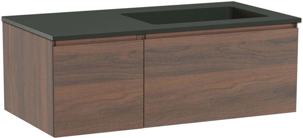 Storke Edge zwevend badmeubel 100 x 52 cm notenhout met Scuro asymmetrisch rechtse wastafel in kwarts mat zwart