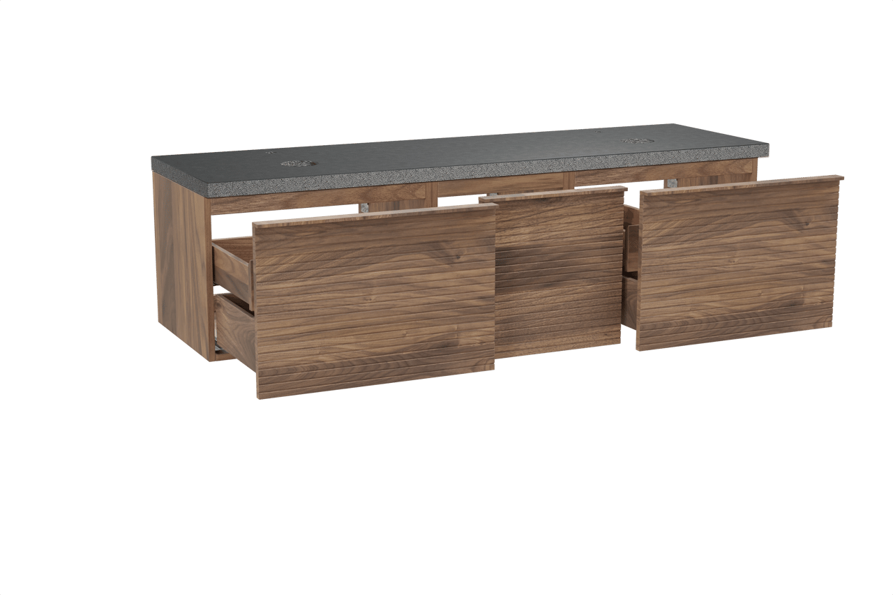 Balmani Forma zwevend badmeubel 180 x 55 cm amerikaans notenhout met Rock dubbel wastafelblad in zwart graniet, Horizontale symmetrische rechte ribbel