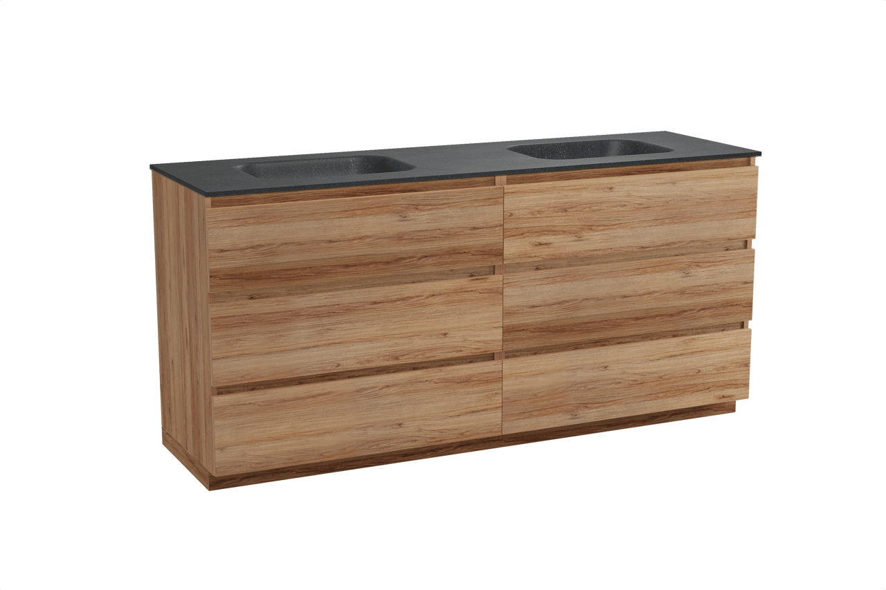 Balmani Lucida staand badkamermeubel 180 x 55 cm teak met Tablo Arcato dubbele wastafel in graniet zwart