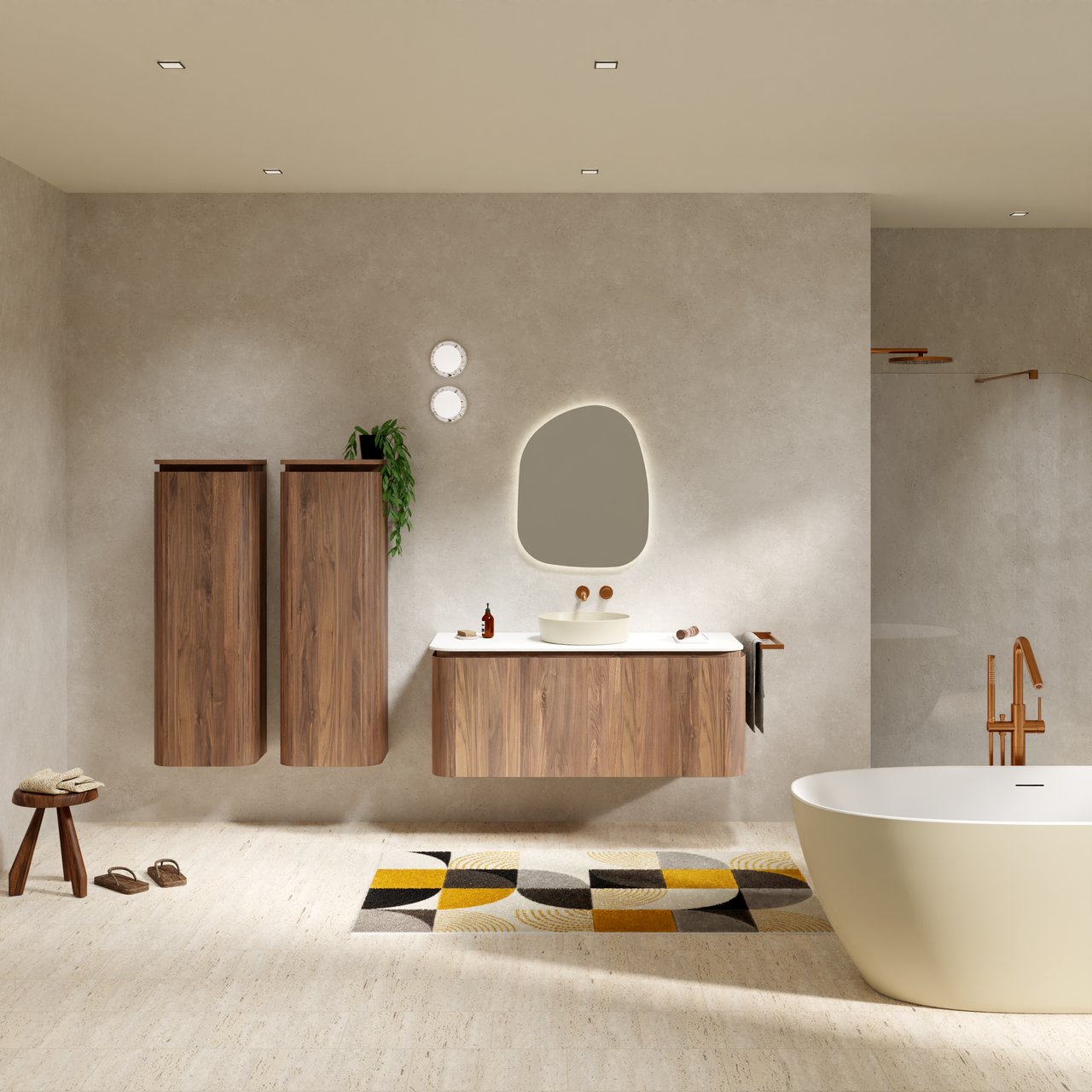 Balmani Moon meuble salle de bains suspendu 130 x 55 cm noyer américain avec Moon tablette simple ou double en solid surface blanc mat