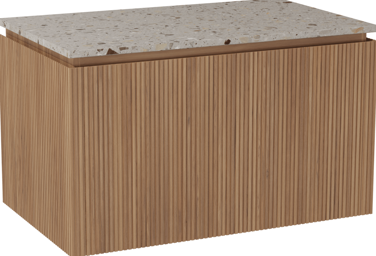 Balmani Eclips meuble salle de bains suspendu 90 x 55 cm Teck avec Stretto tablette simple en Terrazzo greige, Nervure droite symétrique verticale
