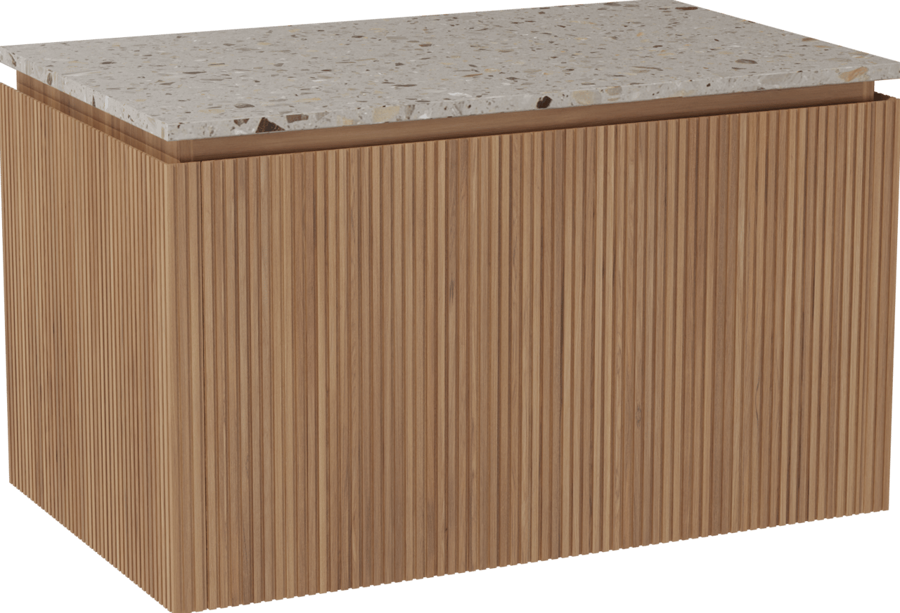 Balmani Eclips zwevend badkamermeubel 90 x 55 cm Teak met Stretto enkel tablet in Greige terrazzo, Verticale symmetrische rechte ribbel