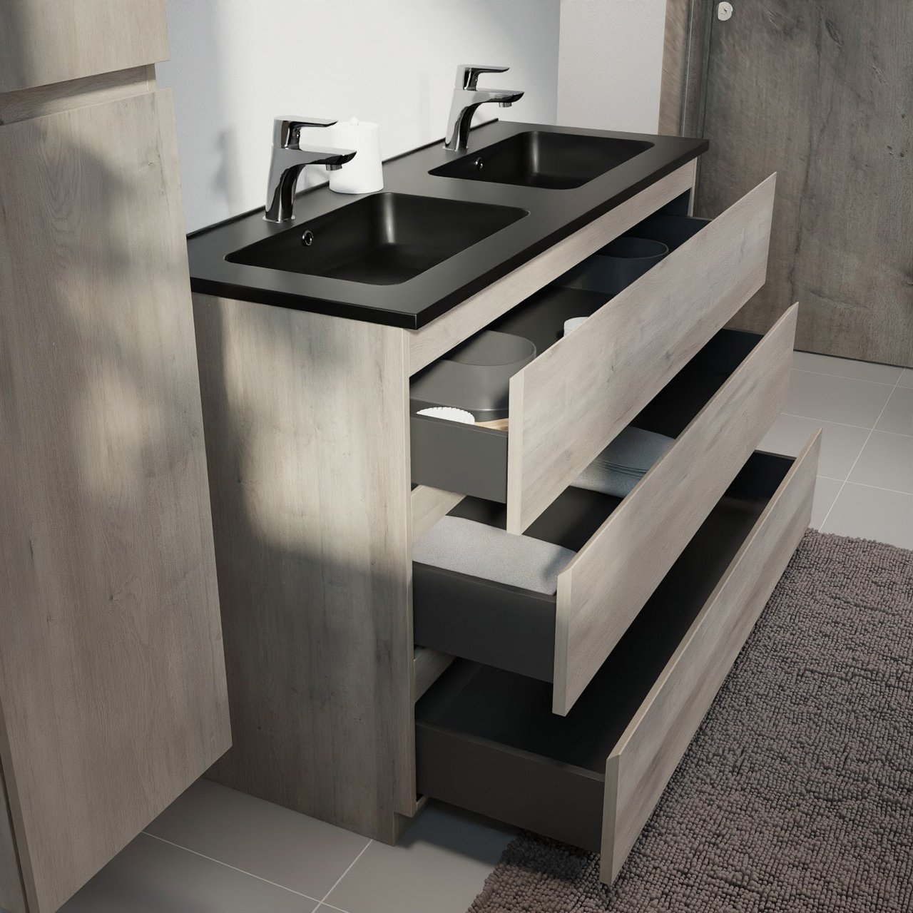 Linie Lado meuble salle de bains à poser 120 x 46 cm chêne gris avec Vano double vasque en marbre composite noir mat