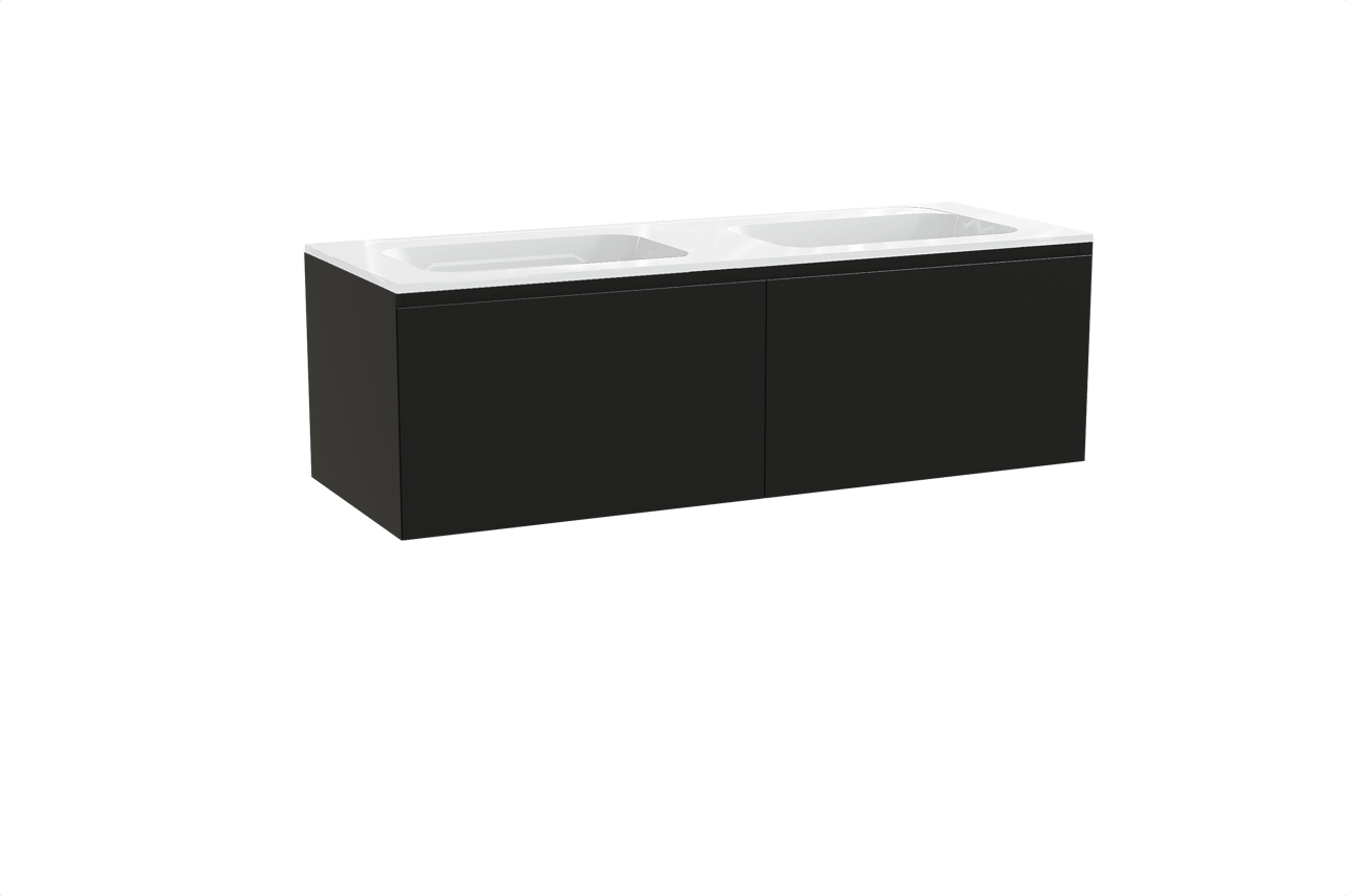 Balmani Idra hängendes Möbelstück Set: 150 x 55 cm, Schwarz matt, mit Tablo Strada Doppelwaschtisch, Marmorkomposit Weiß glänzend