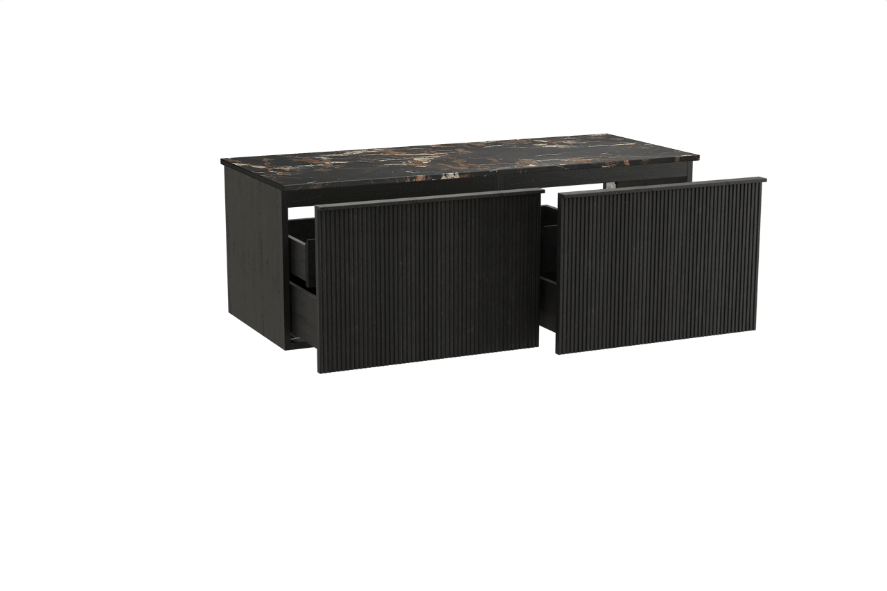 Balmani Forma meuble salle de bains suspendu 135 x 55 cm chêne noir avec Stretto tablette simple ou double en marbre portoro gold, Nervure droite symétrique verticale