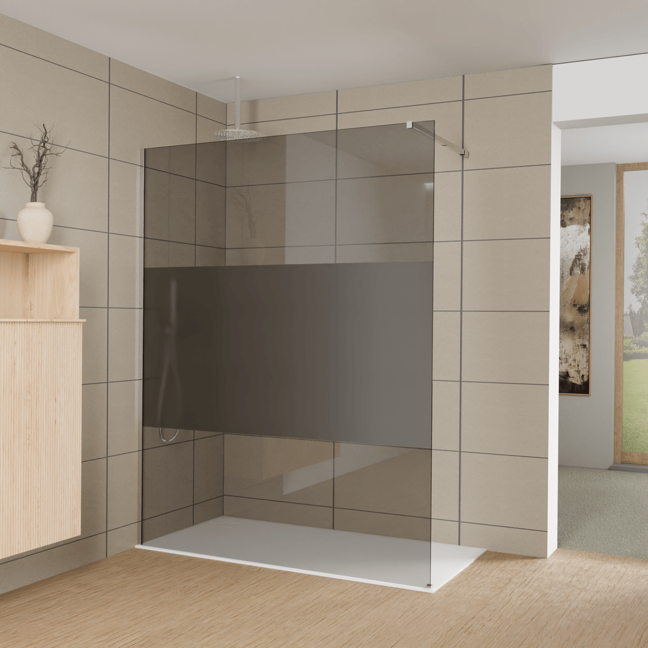 Balmani Modular douche à l'italienne: 160 x 200 cm, Verre fumé avec bande mate, Profil Chrome brillant