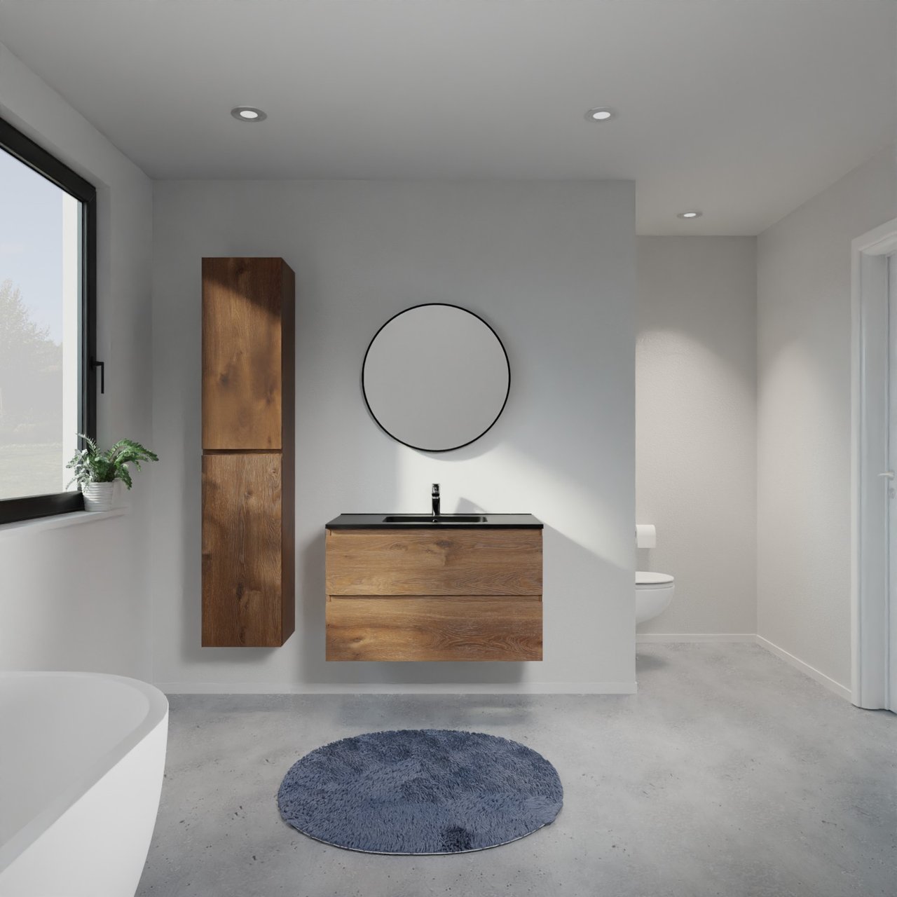 Linie Lado zwevend badkamermeubel 90 x 46 cm bruine eik met Vano enkele wastafel in composietmarmer mat zwart