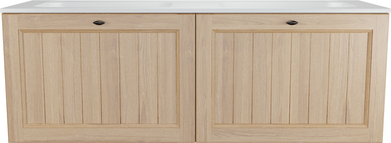 Balmani Lemon zwevend badkamermeubel 150 x 55 cm, fineer natuur eik met Tablo Strada dubbele wastafel in mat wit