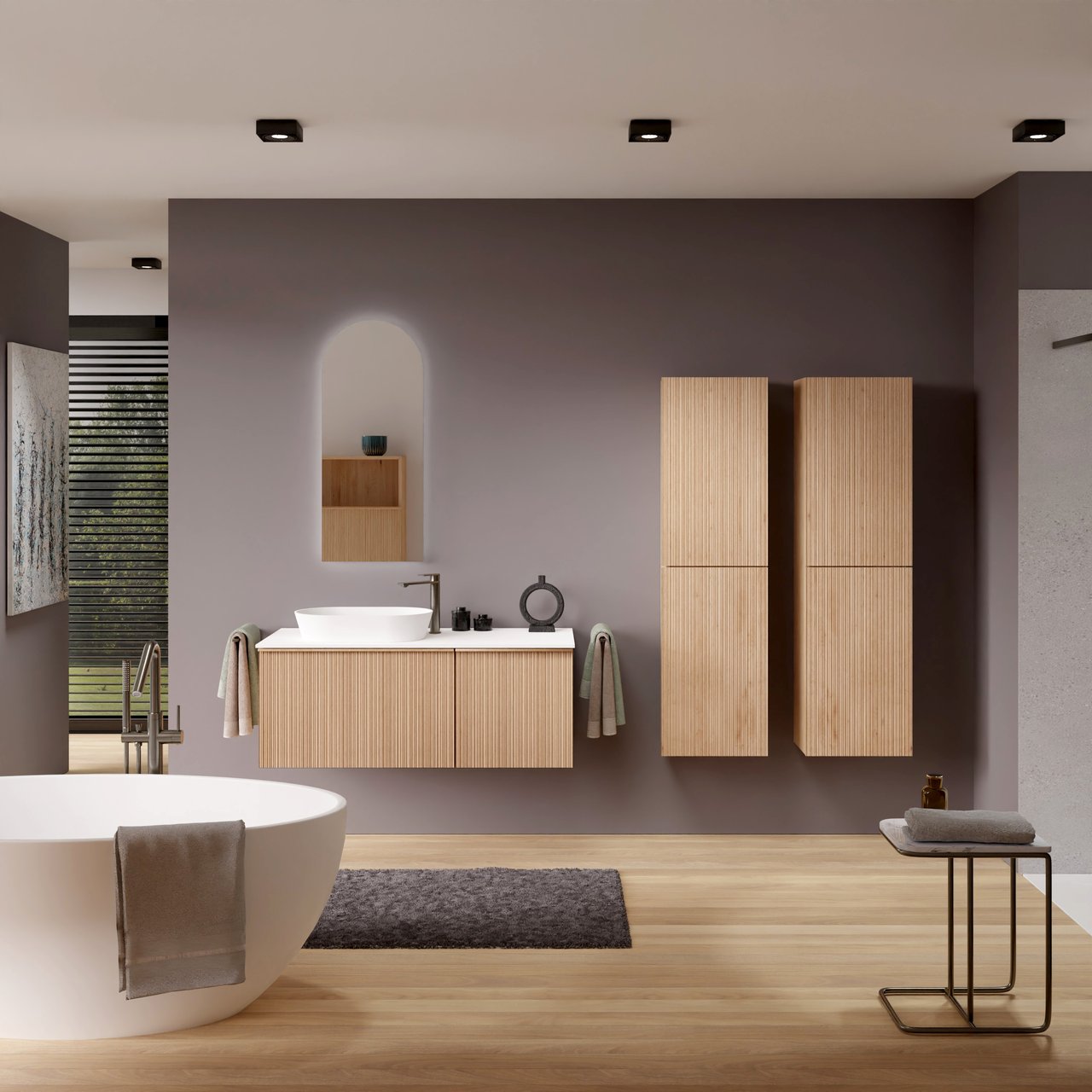 Balmani Forma zwevend badkamermeubel 120 x 55 cm natuur eik met Stretto enkel of dubbel tablet in solid surface mat wit, Verticale asymmetrische ronde ribbel