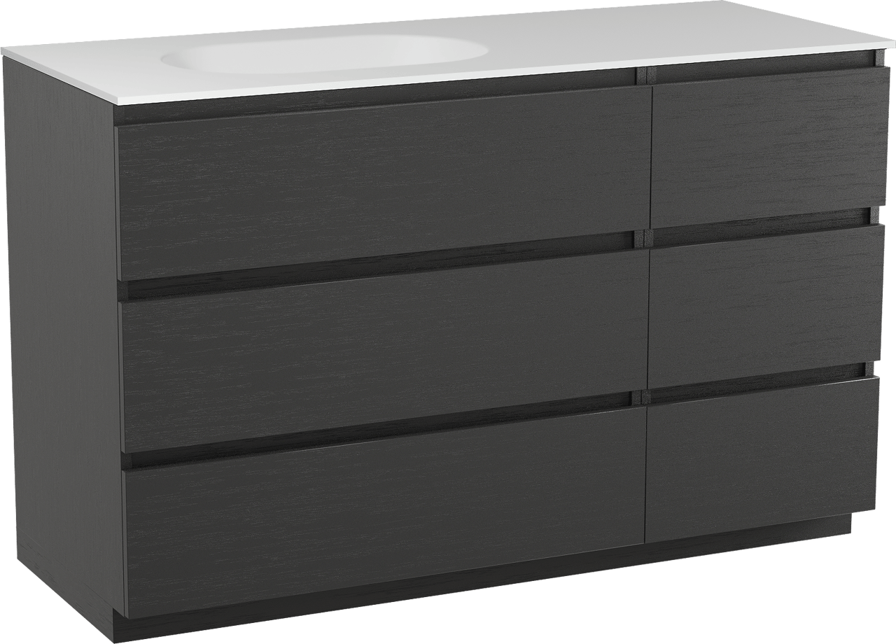 Balmani Lucida freistehendes Möbelstück Set: 135 x 55 cm, Schwarze Eiche, mit Tablo Oval Waschtisch links, Solid Surface Weiß matt