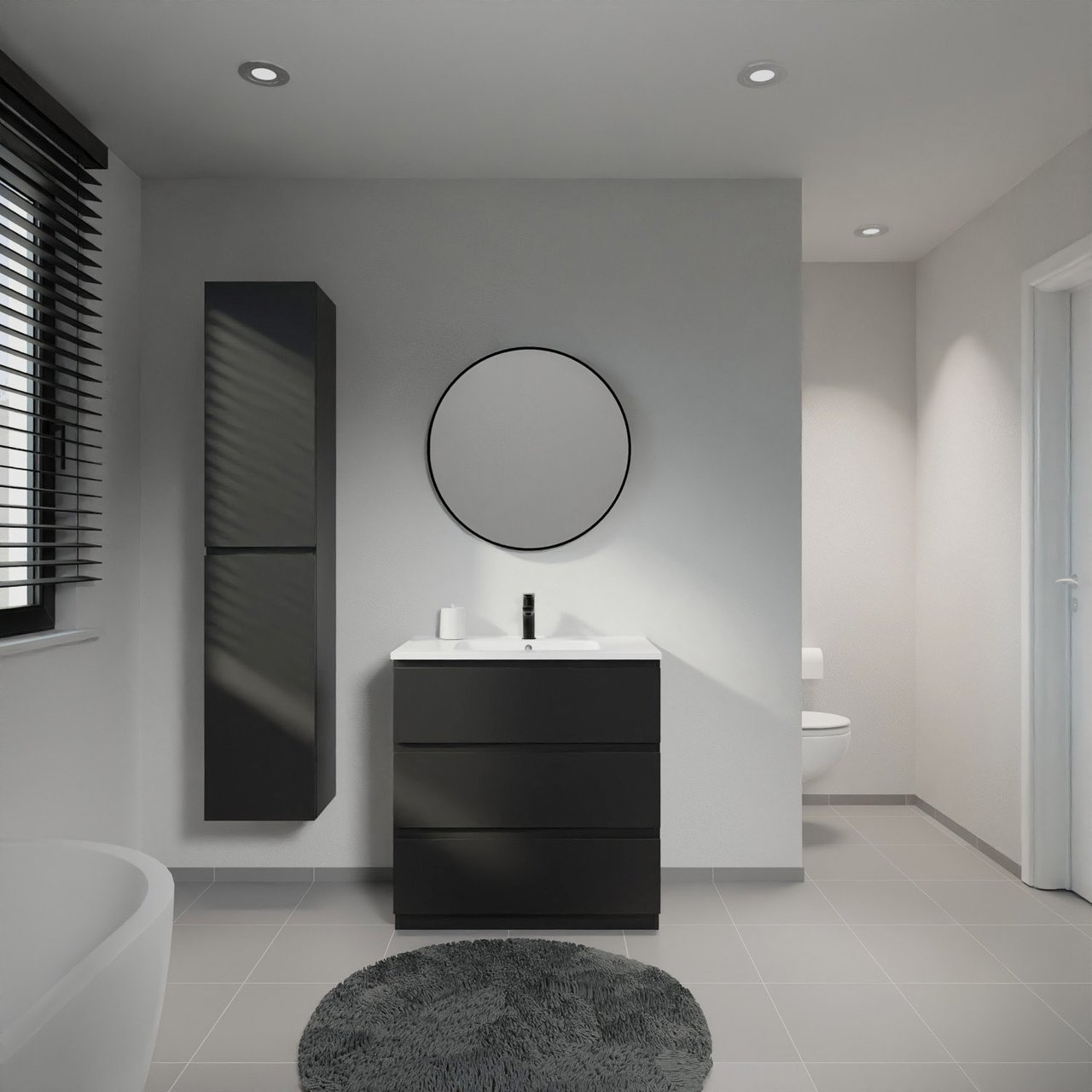 Linie Lado meuble salle de bains à poser 80 x 46 cm noir mat avec Vano plan simple en marbre composite blanc mat