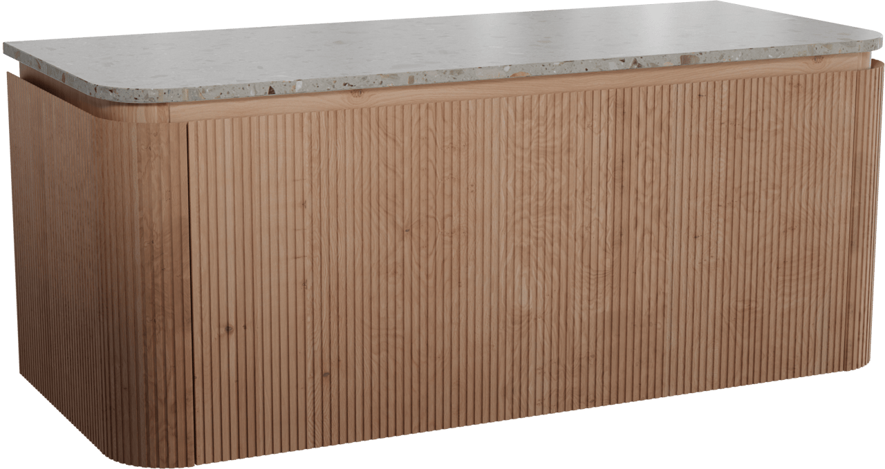 Balmani Moon meuble salle de bains suspendu 130 x 55 cm chêne naturel avec Moon tablette simple ou double en terrazzo greige terrazzo, Nervure droite symétrique verticale