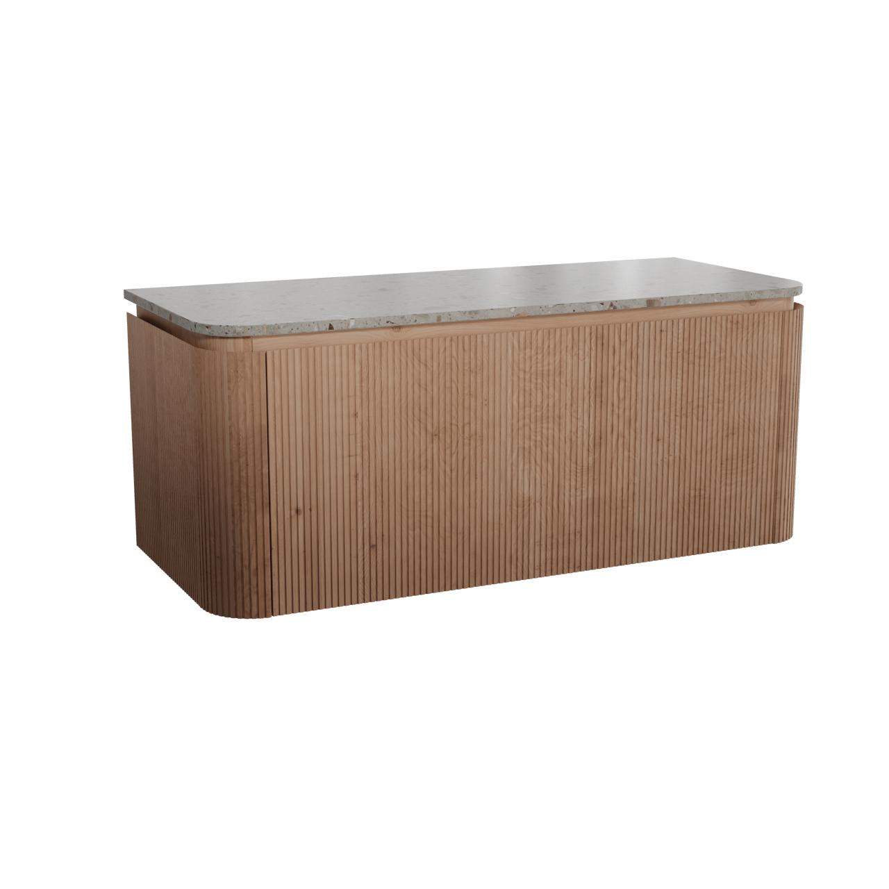 Balmani Moon hängendes Möbelstück Set: 130 x 55 cm, Naturbelassene Eiche, mit Moon Einzel- oder Doppel Waschtischplatte, Terrazzo in Greige, Vertikale symmetrische gerade Rippe