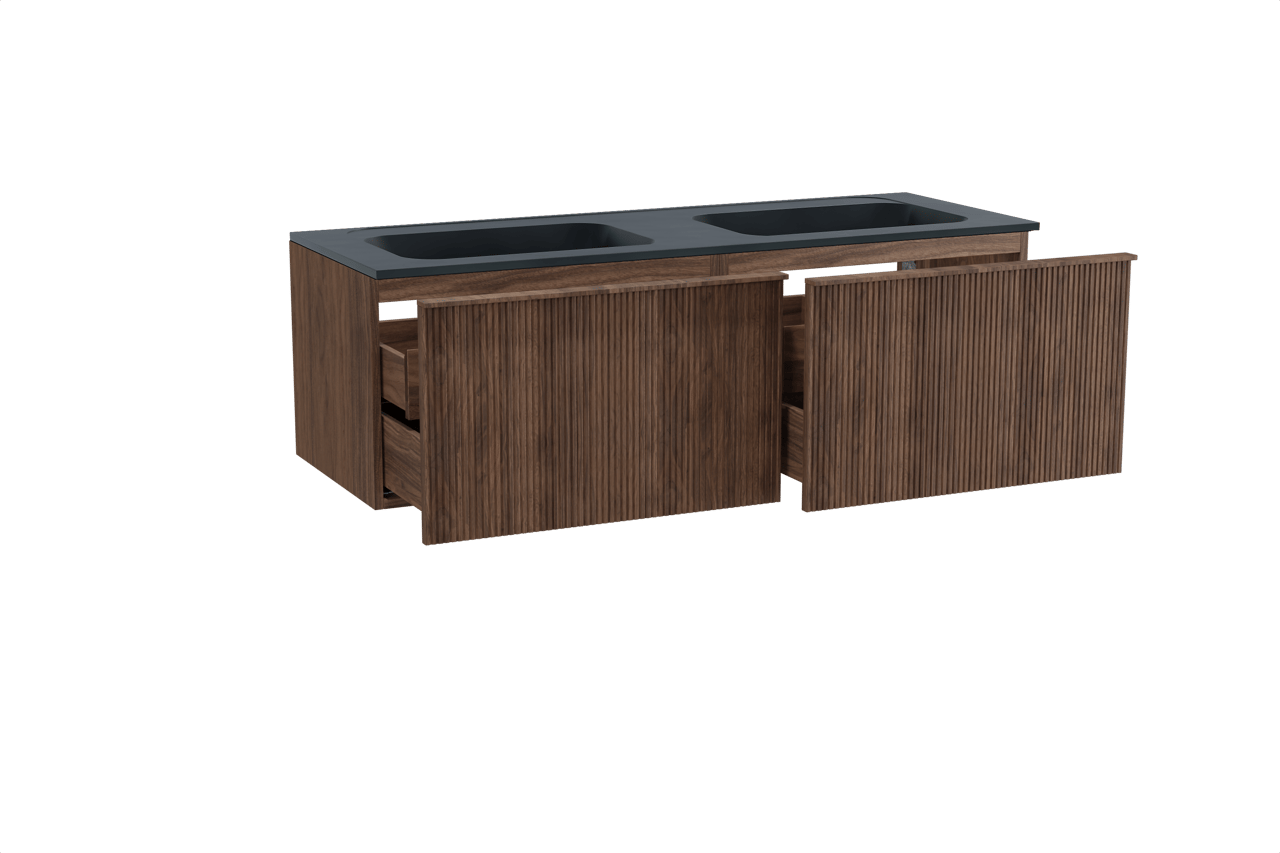 Balmani Forma hängendes Möbelstück Set: 150 x 55 cm, Amerikanischer Nussbaum, mit Tablo Strada Doppelwaschtisch, Marmorkomposit, Schwarz matt, Vertikale symmetrische gerade Rippe