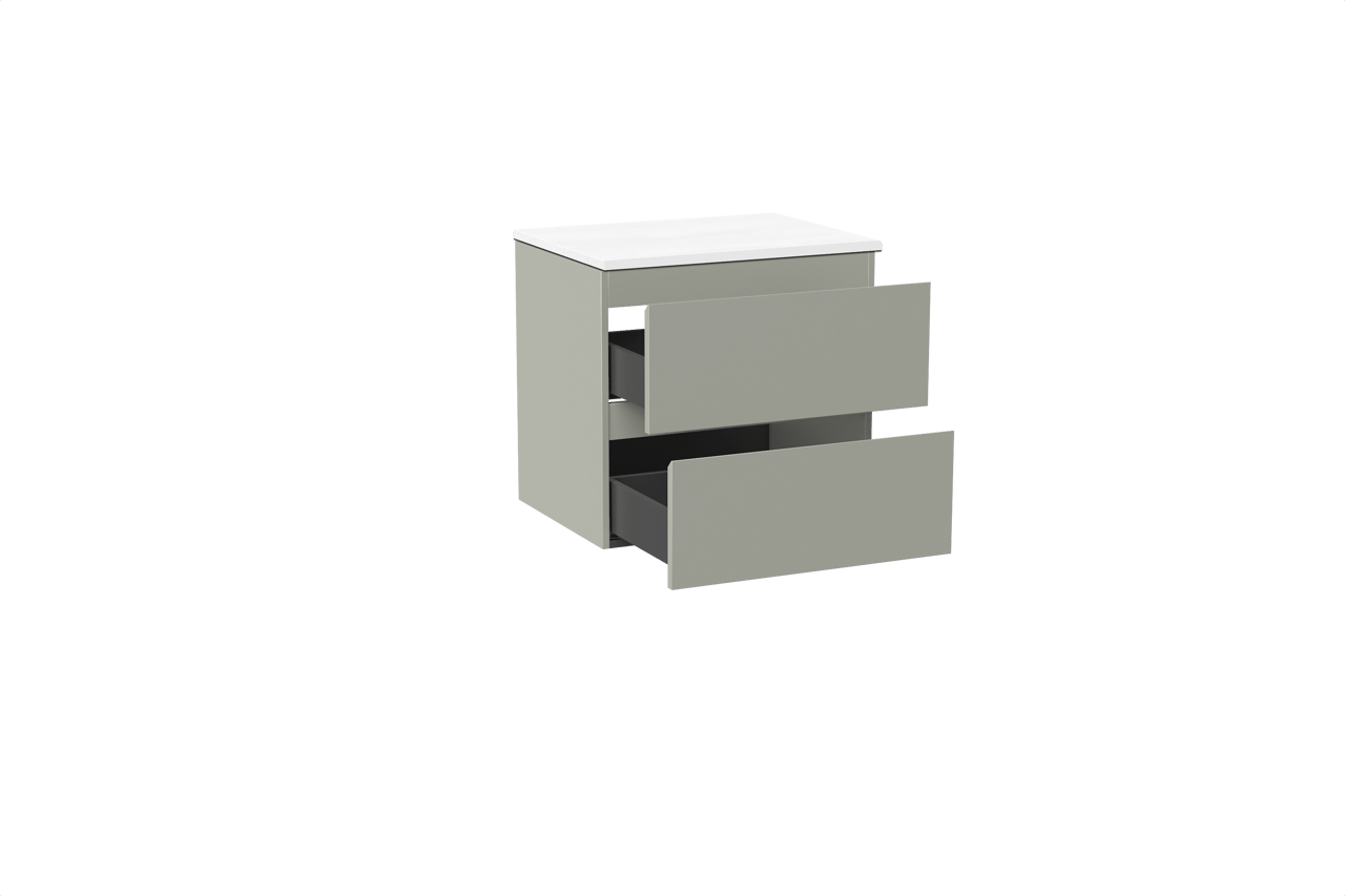 Linie Lado hängendes Möbelstück Set: 60 x 46 cm, Greige, mit Lado Einzel Waschtischplatte, Marmorkomposit Weiß matt