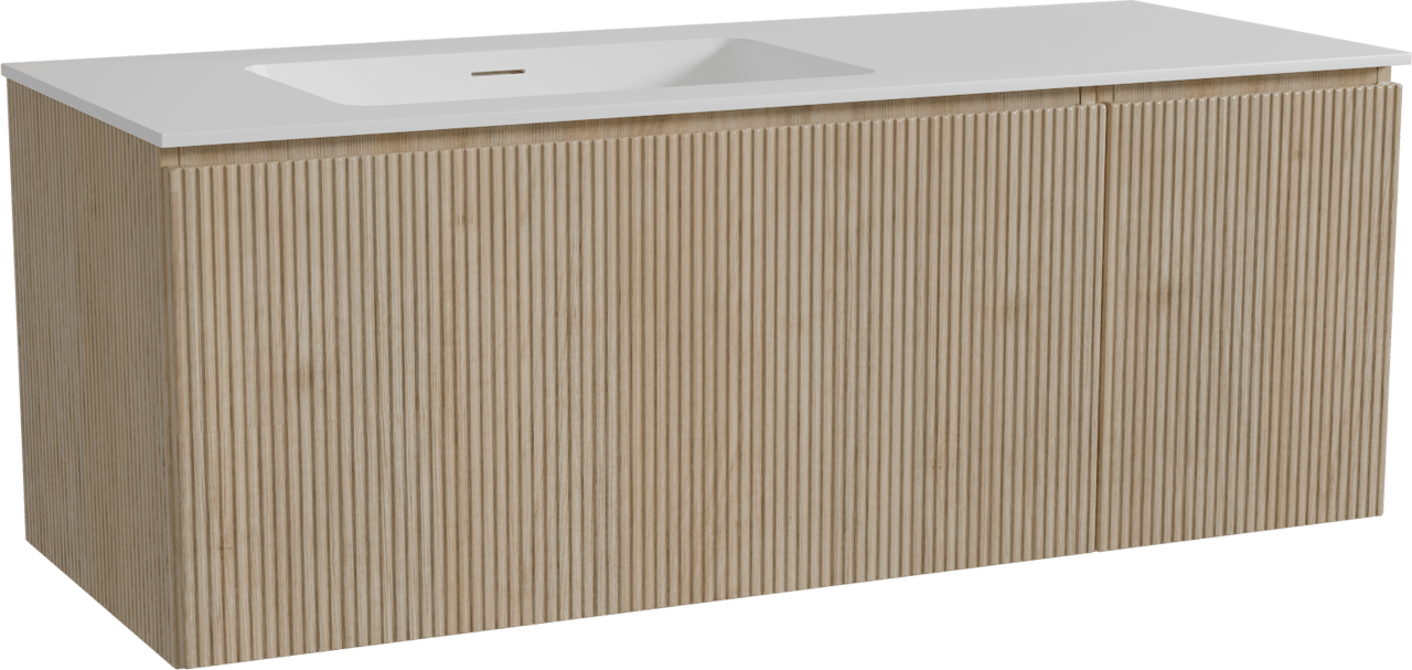 Storke Ribs zwevend badmeubel 130 x 52 cm ruw eiken met Mata asymmetrisch linkse wastafel in solid surface mat wit, Verticale symmetrische rechte ribbel
