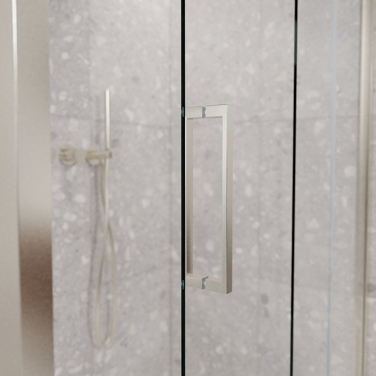 Balmani Senses Design douche en coin avec porte coulissante à droite et paroi latérale fixe, 180 x 70 cm, Verre transparent, Profil Brushed CoolMetal