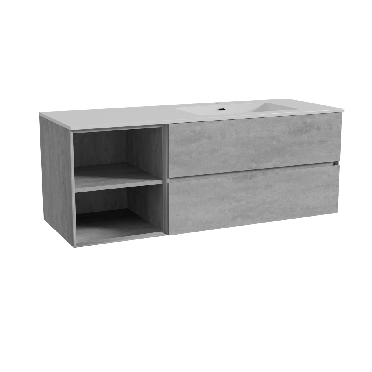 Storke Edge meuble salle de bains suspendu 140 x 52 cm béton gris foncé avec Diva plan vasque asymétrique à droite en marbre composite blanc brillant