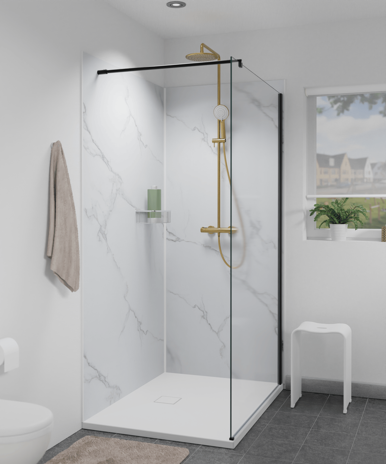 Linie Plato Set revêtement mural de douche 120x260 cm & 90x260 cm pvc aspect marbre blanc Trentino