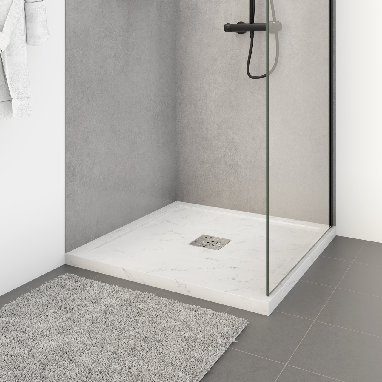 Linie Lido Duschwanne: 80 x 80 cm, Marmorkomposit, Weiße Marmoroptik mit Schieferstruktur