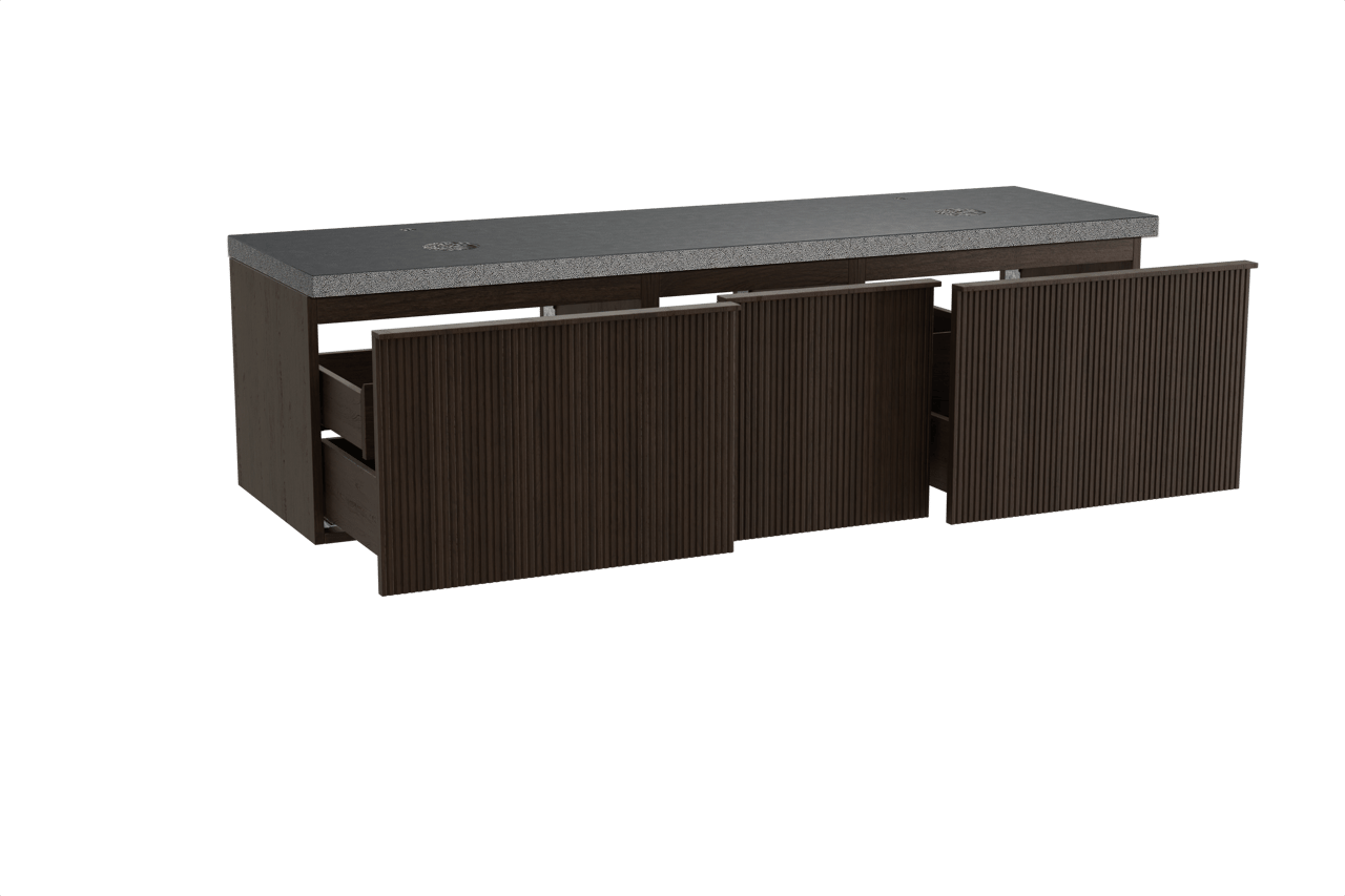 Balmani Forma hängendes Möbelstück Set: 180 x 55 cm, Geräucherte Eiche, mit Rock Doppel Waschtischplatte, Granit, Schwarzes Granit, Vertikale symmetrische gerade Rippe