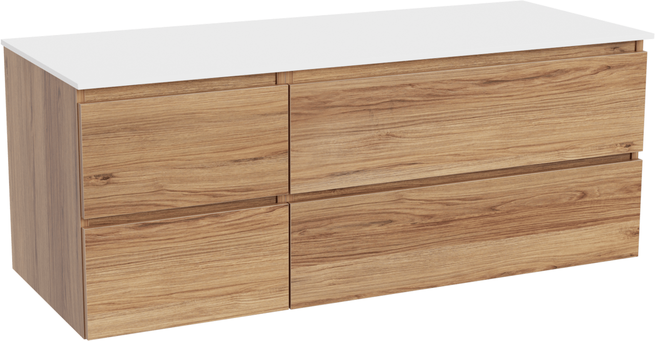 Balmani Lucida zwevend badkamermeubel 135 x 55 cm teak met Stretto enkel of dubbel tablet in solid surface mat wit