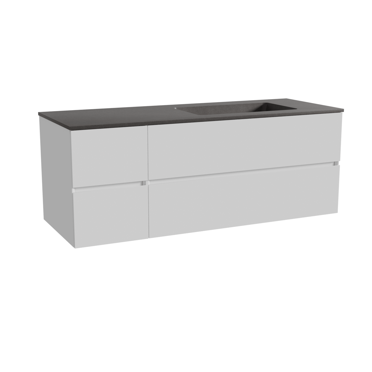 Storke Edge zwevend badmeubel 140 x 52 cm hoogglans wit met Scuro asymmetrisch rechtse wastafel in kwarts mat zwart