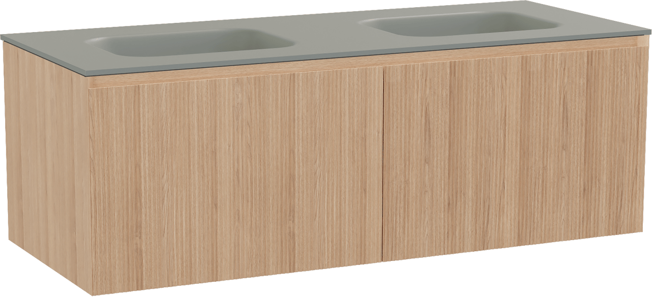 Balmani Fila zwevend badkamermeubel 135 x 55 cm natuur eik met Tablo Arcato dubbele wastafel in solid surface steengrijs, Verticale symmetrische rechte ribbel