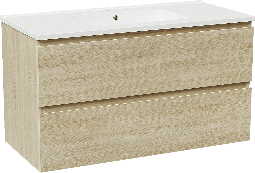 Linie Lado zwevend badmeubel 100 x 46 cm wit eiken met Vano enkele wastafel in composietmarmer hoogglans wit