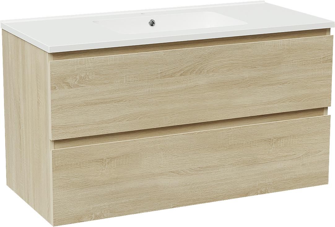 Linie Lado zwevend badmeubel 100 x 46 cm wit eiken met Vano enkele wastafel in composietmarmer hoogglans wit