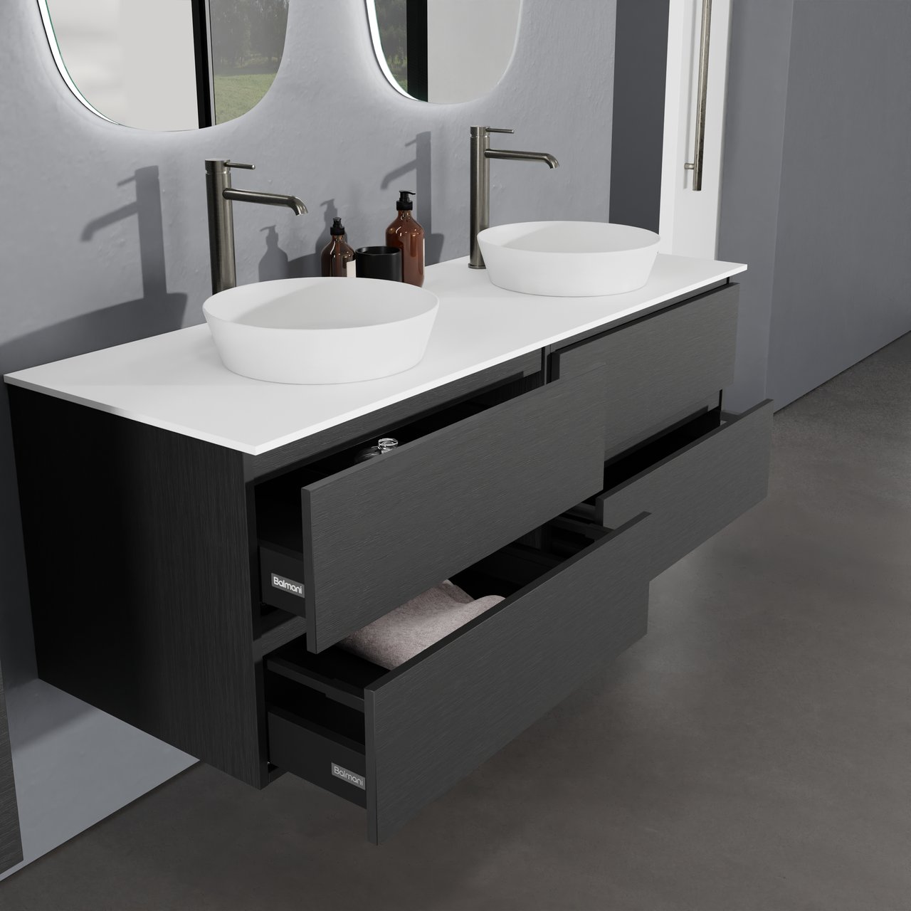 Balmani Lucida zwevend badkamermeubel 150 x 55 cm zwarte eik met Stretto enkel of dubbel tablet in solid surface mat wit