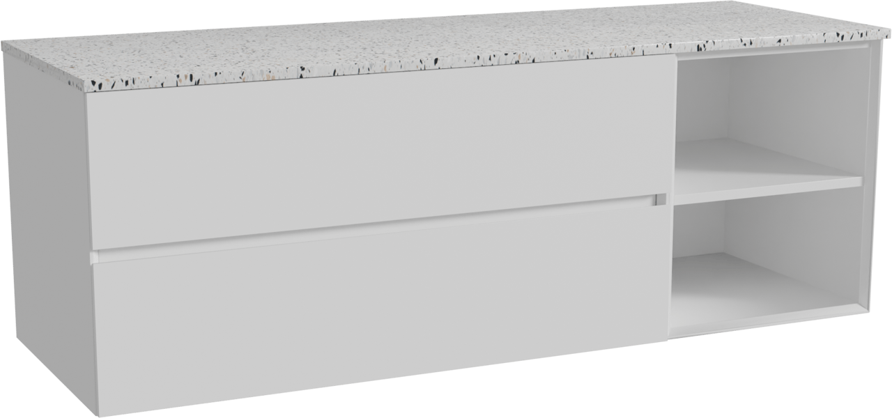 Storke Edge meuble salle de bains suspendu 150 x 52 cm blanc mat avec Tavola tablette simple ou double en blanc/noir mat terrazzo