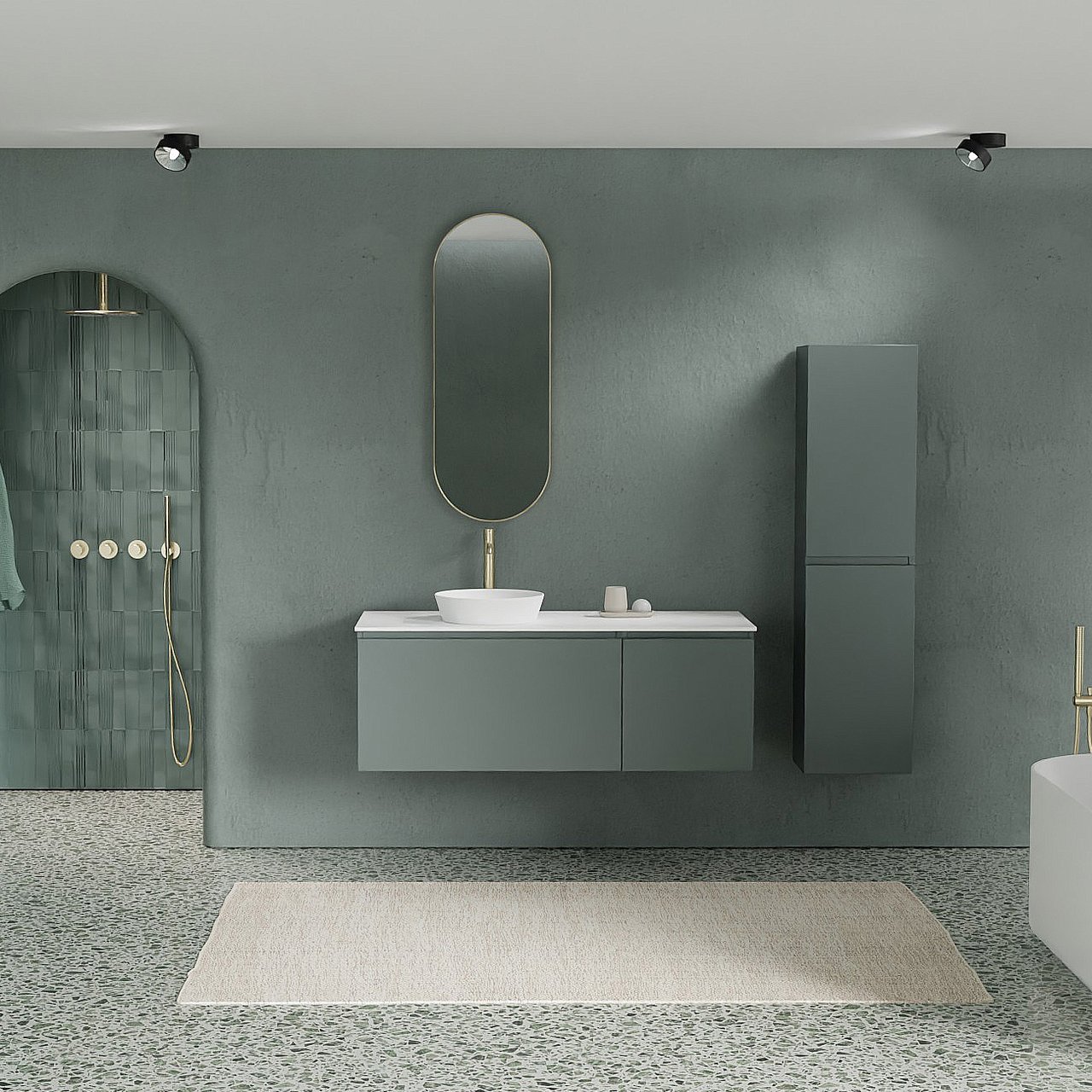 Balmani Sfera meuble salle de bains suspendu 135 x 55 cm forest avec Stretto tablette simple ou double en solid surface blanc mat