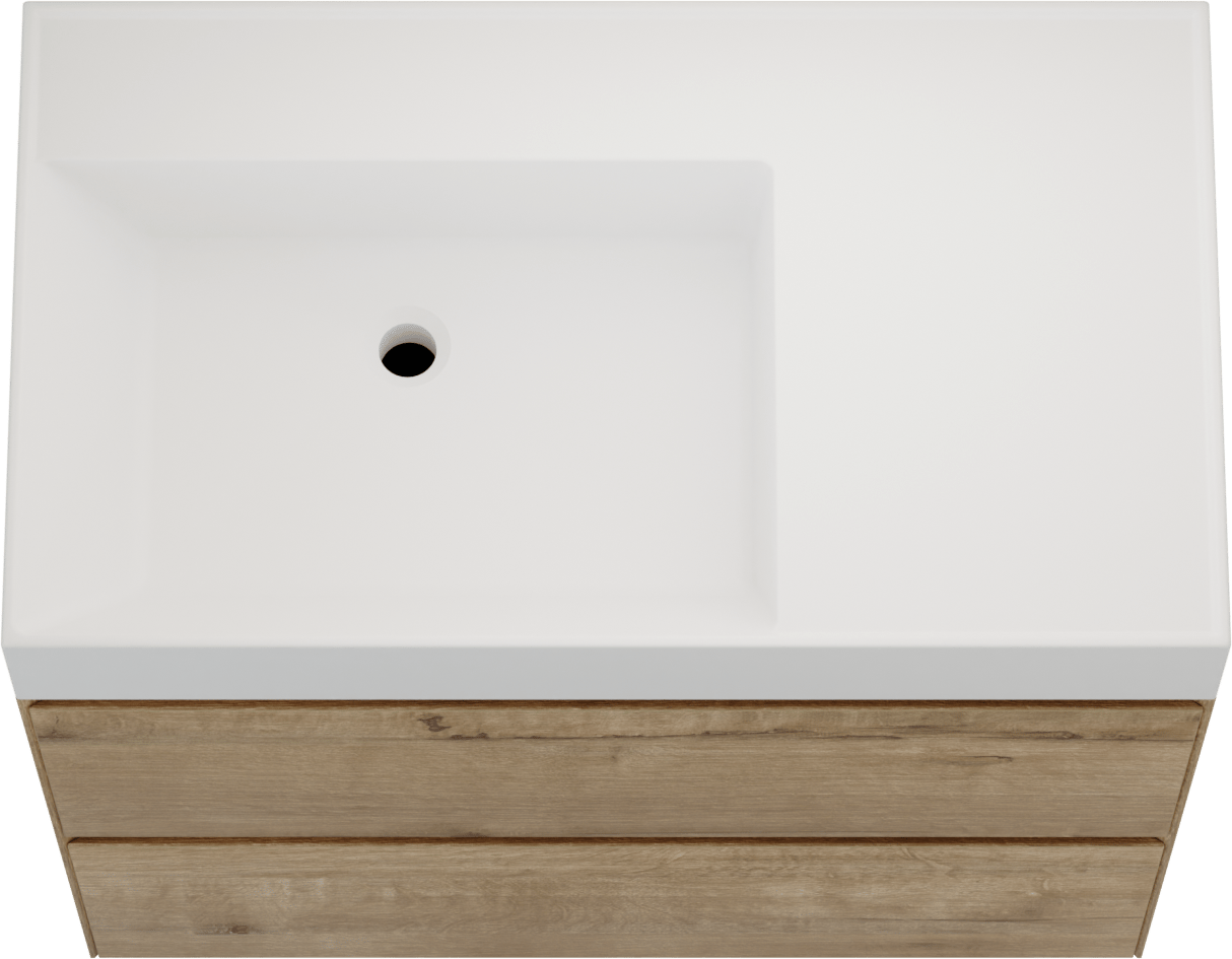 Balmani Mitra Compact zwevend badkamermeubel 80 x 46 cm ruwe eik met Argila asymmetrisch linkse wastafel in composietmarmer mat wit