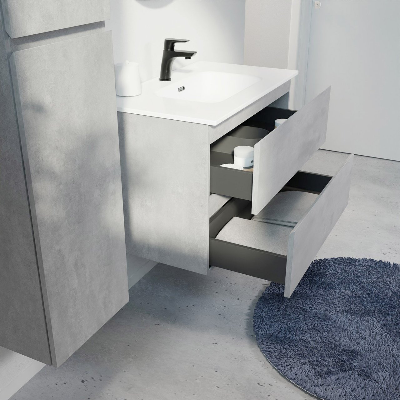 Linie Lado zwevend badmeubel 80 x 46 cm beton donkergrijs met Baro enkele wastafel in porselein hoogglans wit