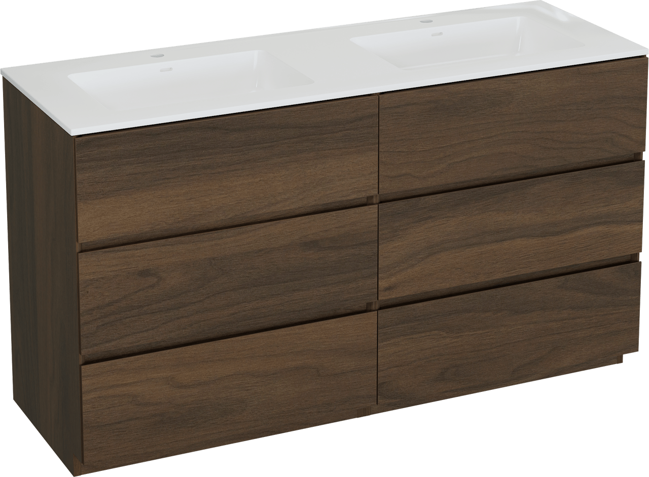 Storke Edge meuble salle de bains à poser 150 x 52 cm noyer avec Bilia double vasque en marbre composite blanc brillant