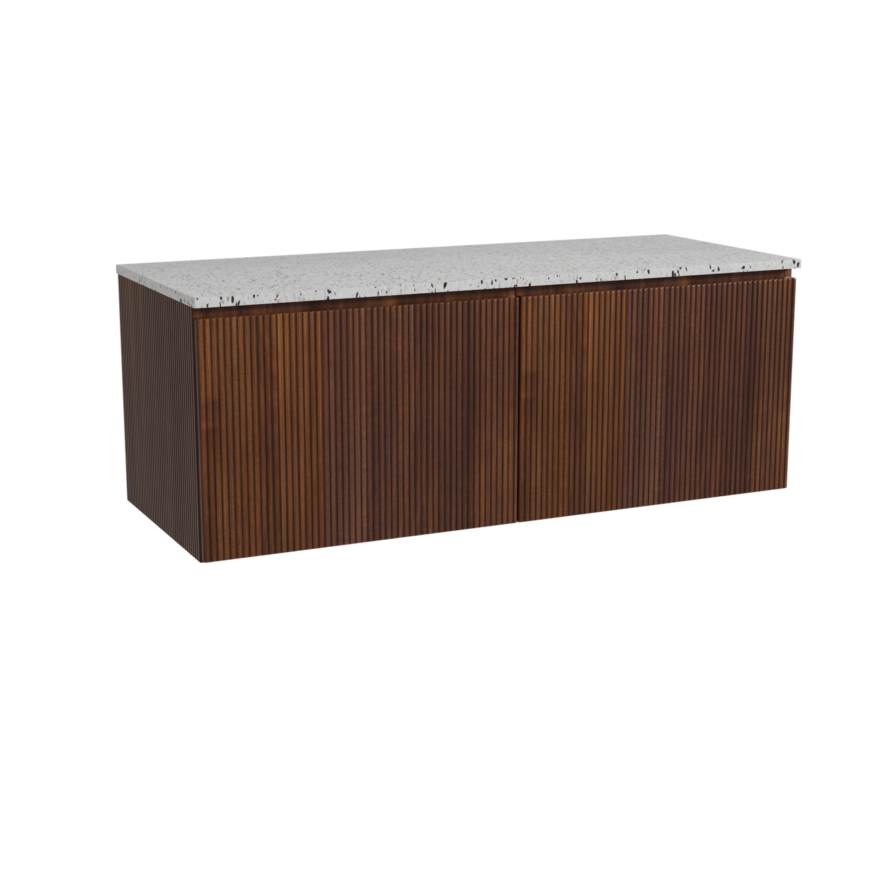 Storke Ribs zwevend badkamermeubel 130 x 52 cm notelaar met Tavola enkel of dubbel tablet in mat wit/zwart terrazzo, Verticale symmetrische rechte ribbel