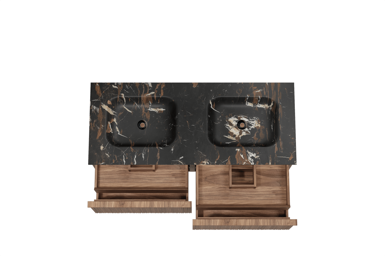Balmani Forma hängendes Möbelstück Set: 135 x 55 cm, Amerikanischer Nussbaum, mit Tablo Arcato Doppelwaschtisch, Marmor, Portoro Gold, Vertikale asymmetrische Runde Rippe