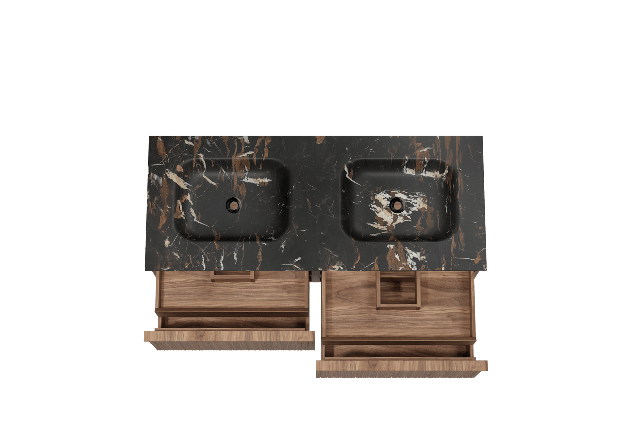 Balmani Forma hängendes Möbelstück Set: 135 x 55 cm, Amerikanischer Nussbaum, mit Tablo Arcato Doppelwaschtisch, Marmor, Portoro Gold, Vertikale asymmetrische Runde Rippe