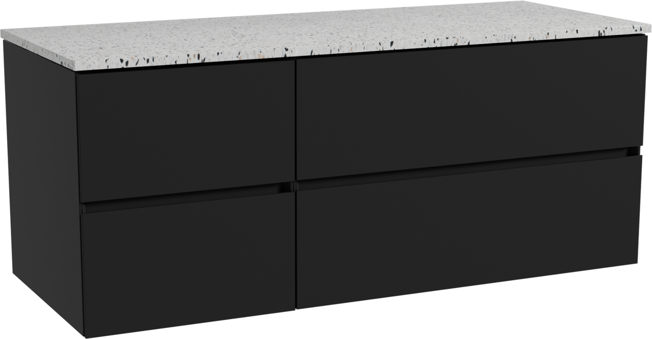 Storke Edge zwevend badkamermeubel 130 x 52 cm mat zwart met Tavola enkel of dubbel tablet in mat wit/zwart terrazzo
