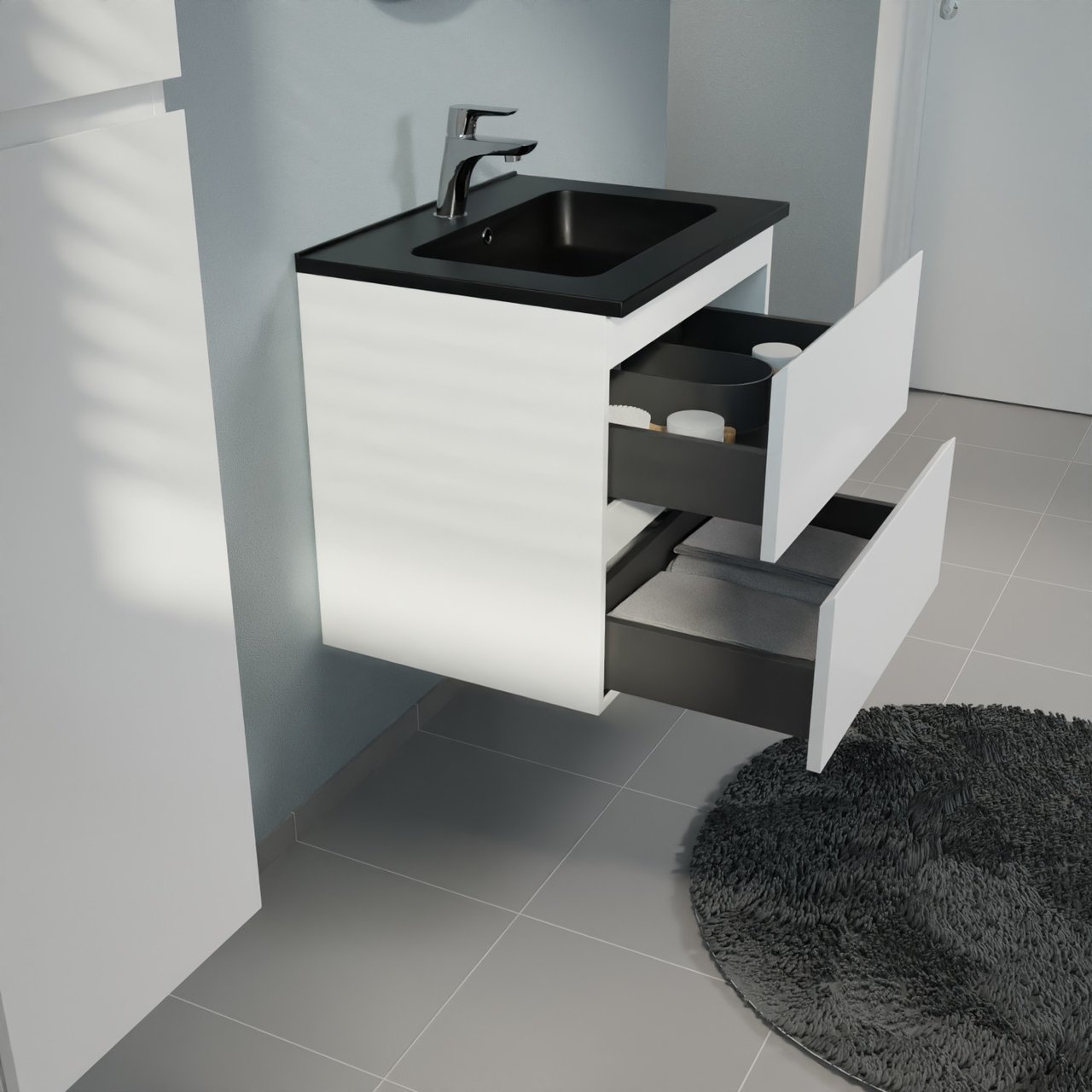 Linie Lado zwevend badkamermeubel 60 x 46 cm mat wit met Vano enkele wastafel in composietmarmer mat zwart