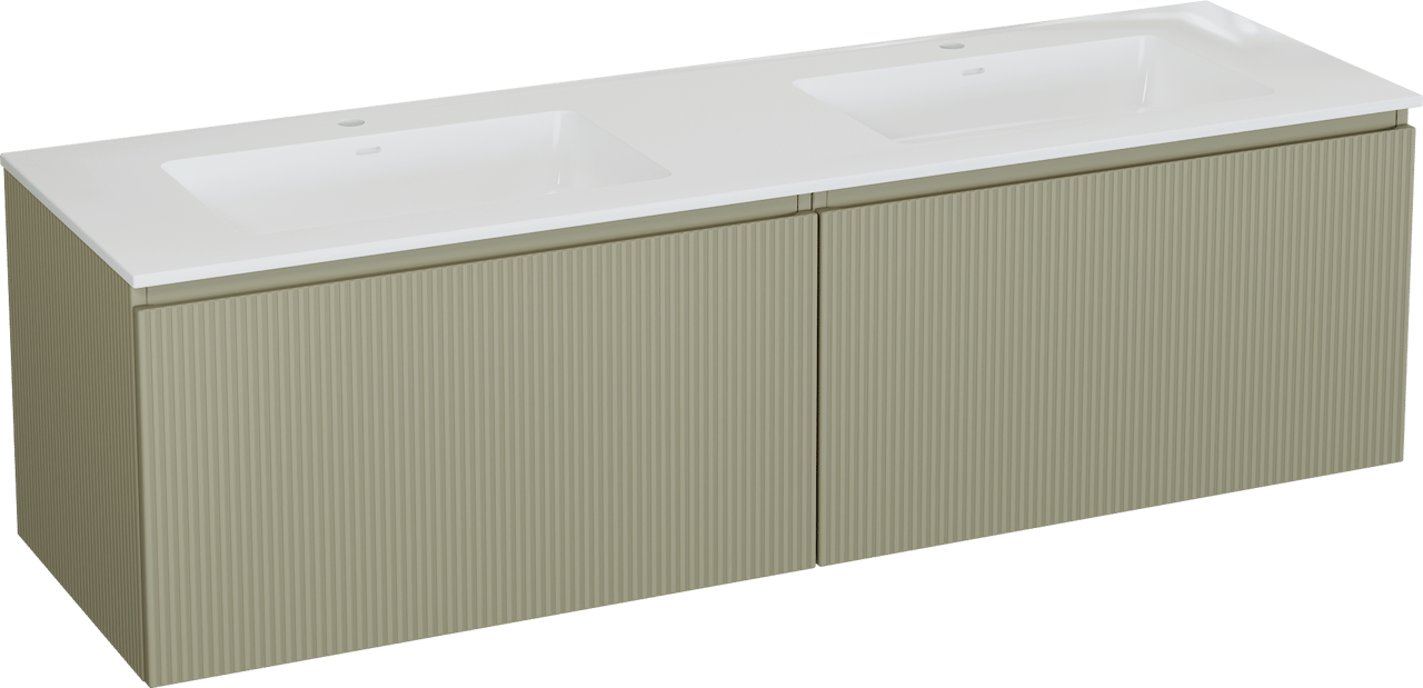 Storke Ribs meuble salle de bains suspendu 170 x 52 cm soie grise avec Bilia double vasque en marbre composite blanc brillant, Nervure droite symétrique verticale