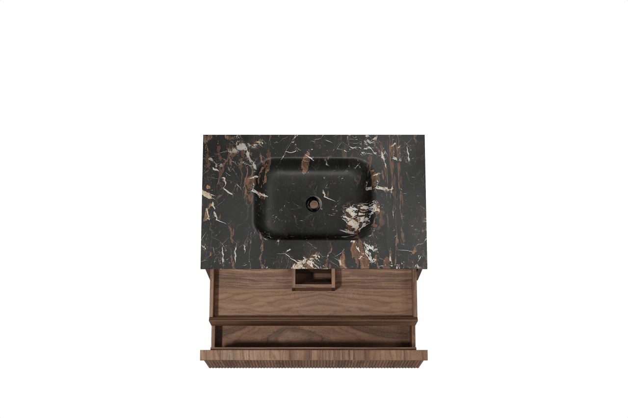 Balmani Forma meuble salle de bains suspendu 90 x 55 cm noyer américain avec Tablo Arcato plan simple en marbre portoro gold, Nervure droite symétrique verticale