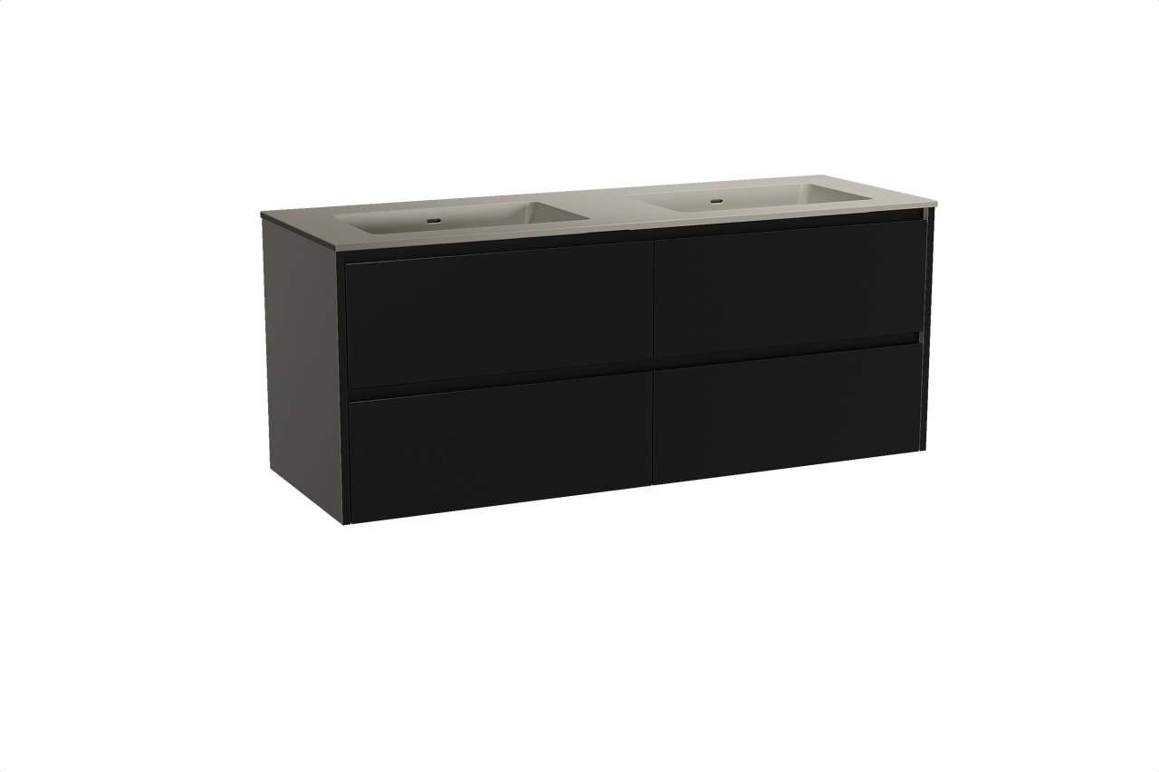 Storke Seda zwevend badkamermeubel 150 x 52 cm mat zwart met Diva dubbele wastafel in top solid zijdegrijs