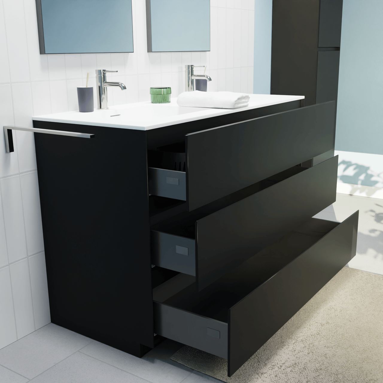 Storke Edge staand badmeubel 120 x 52 cm mat zwart met Mata dubbele wastafel in solid surface mat wit