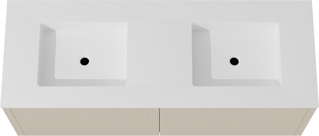 Balmani Eclips hängendes Möbelstück Set: 150 x 55 cm, Sandbeige, mit Tablo Stretto Doppelwaschtisch Solid Surface Weiβ matt, Vertikale symmetrische gerade Rippe