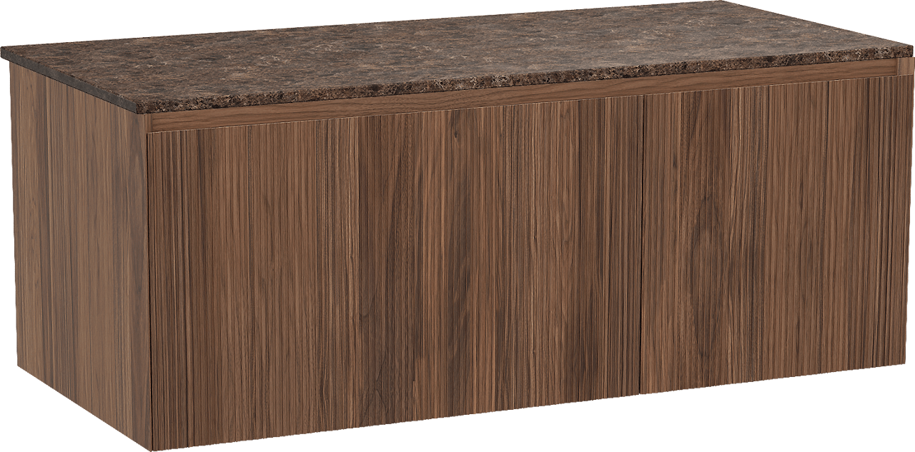 Balmani Fila hängendes Möbelstück Set: 120 x 55 cm, Nussbaum, mit Stretto Einzel- oder Doppel Waschtischplatte, Marmor, Dark Emperador, Vertikale symmetrische gerade Rippe